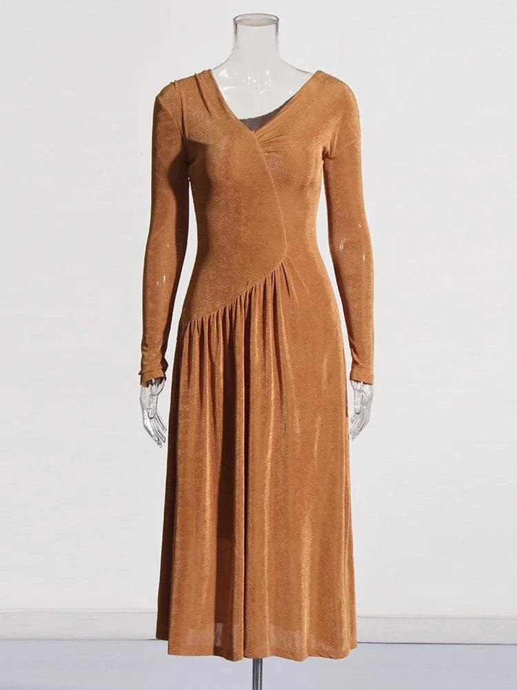 M / Khaki CHICEVER Fashionable Slim Long Dresses Solid Color V Neck Long Sleeve Dress For Women