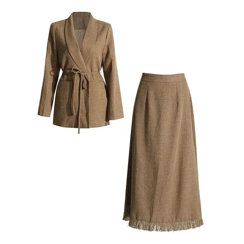 M / Khaki CHICEVER Patchwork Tassel Notched Collar Long Sleeve 2 Piece Sets Skirt And Top Set For Women