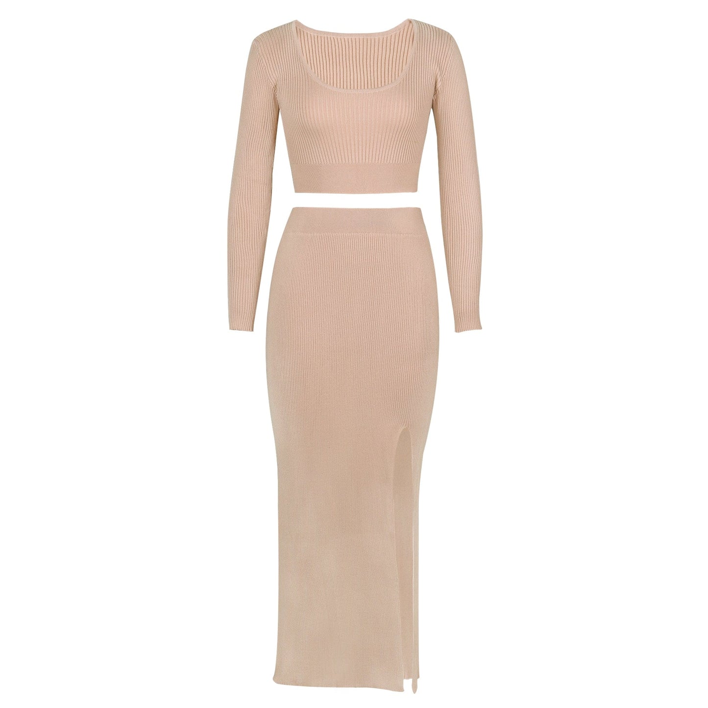 M / Khaki Factory women clothing foreign solid color long-sleeved sweater knitting fashion sexy split long skirt 2 pieces women set