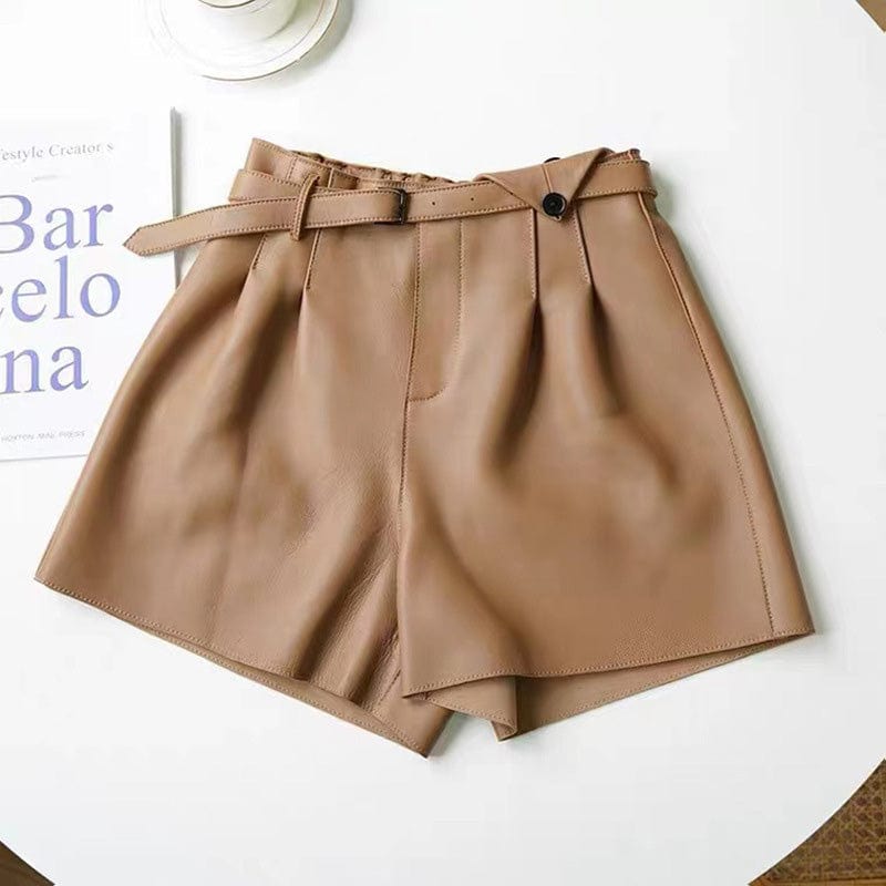 M / Khaki Fashion Loose Wide Leg Leather Shorts Women High Waist Genuine Leather Shorts