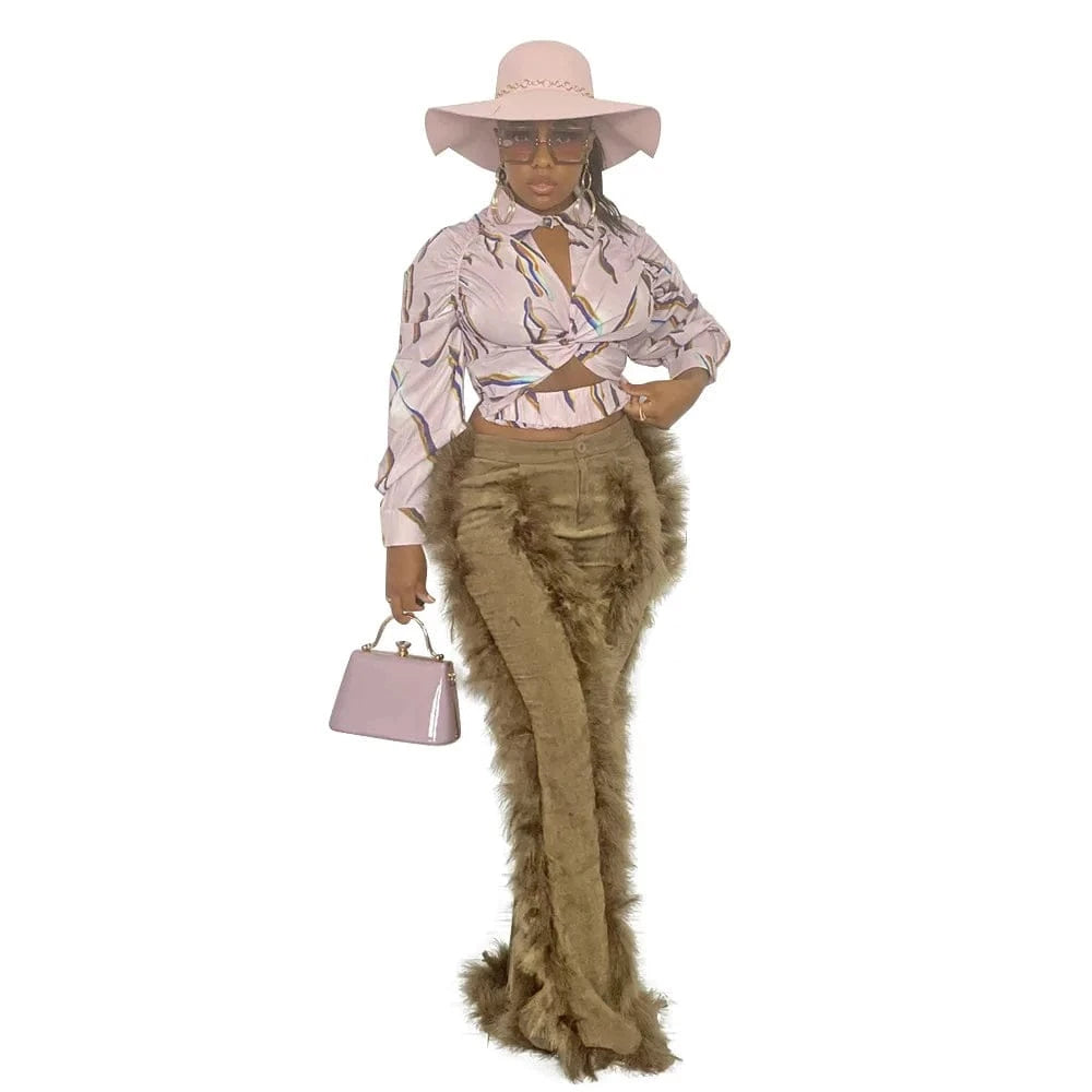 M / Khaki Feather Trendy Fringe High Bottom Corduroy Pants Flare Women Velvet Flare Pants Fringe Tassel Women Pants Wide Leg