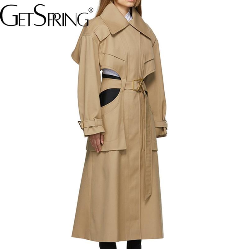 M / Khaki Getspring Women Trench Coat Patchwork Bandage Hollow Out Khaki Windbreaker Irregular Vintage Long Autumn Winter Overcoat 2022