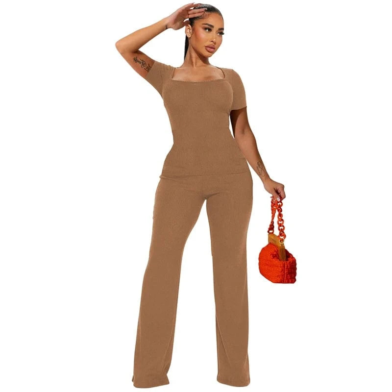 M / Khaki luxury casual rib knit loungewear women 2pc one sets women knitted square collar 2 piece short sleeve t shirt and long pants set