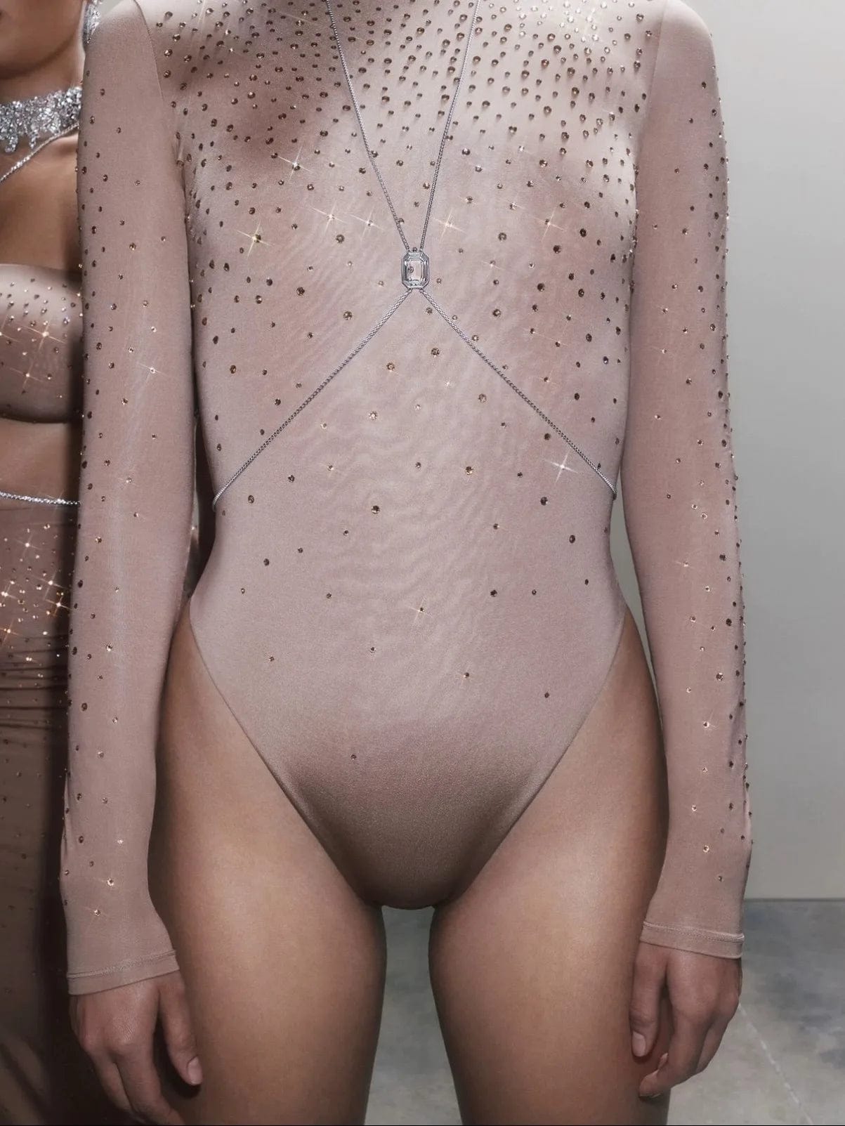 M / Khaki OUDINA Fashion T-shirt Crop Top Long Sleeve Tight Diamond Rhinestones Jumpsuit Sequins Jumpsuits Playsuits & Bodysuits