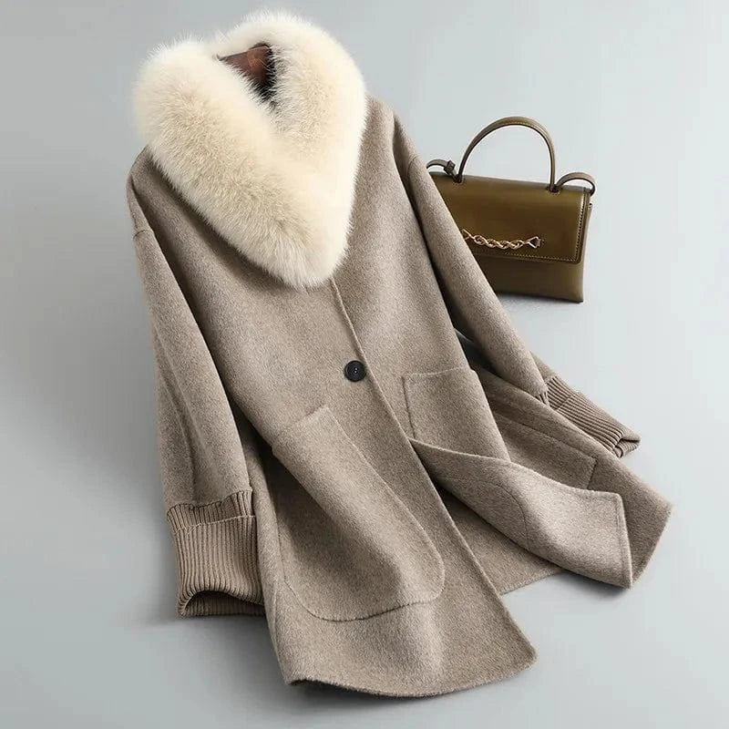 M / Khaki PUDI Women Real Wool Fur Parka Trench Winter Female Warm Fox Collar Coat Jacket CT141