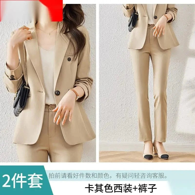 M / Khaki S-4XL Long sleeved Professional Suit and Pants Formal Set Interview Sales Workwear