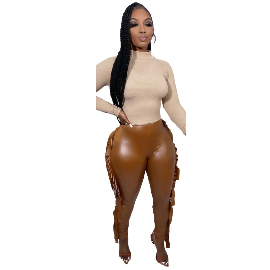 M / Khaki Stretch PU Pants Women Clothing Fall &winter High Waist PU Trousers&Pants with Tassel for Y2K Women Sexy Pants