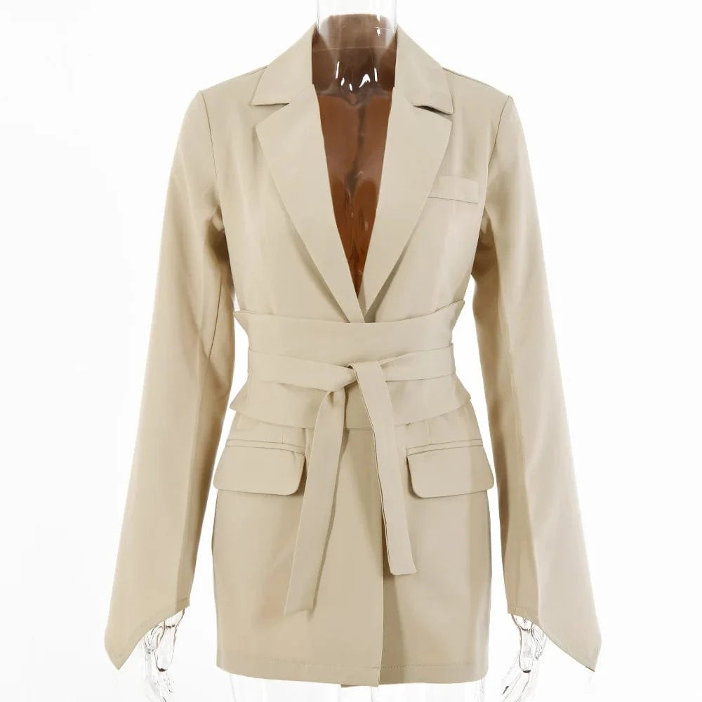 M / Khaki Women Fashion Casual Blazer Spring New Solid Color Long-sleeved Cardigan Belt Tunic Jacket