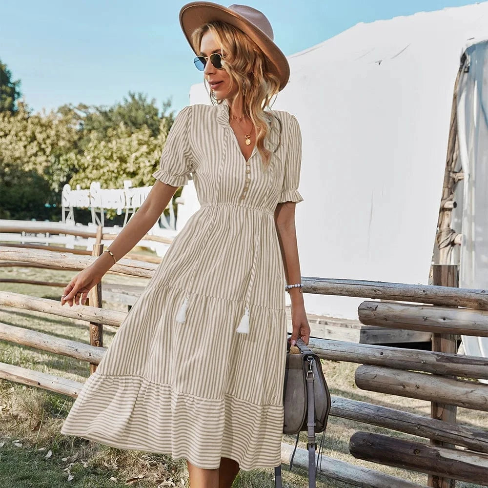 M / Khaki Women's Summer Clothing 2023 New Hot Style Printed Fashion Loose Elegant Striped Short-Sleeved V-neck Dress