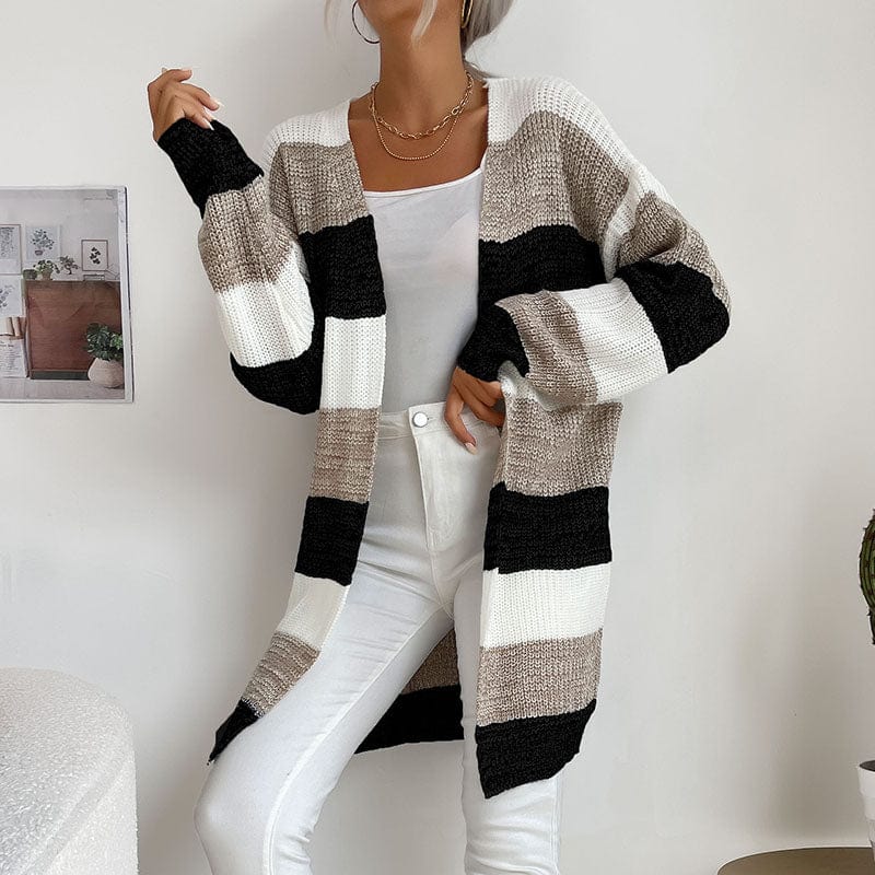 M / Khaki Womens Color Block Sweater Coat Outwear Long Sleeve Open Front Loose Knitted Cardigan Sweaters