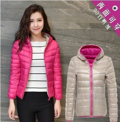 M / Khaqi Rose Red Female Double-sided Women's Light And Short White Duck Down Fashion Hooded Warm Winter Coat Autumn New Double-Sided Jacket