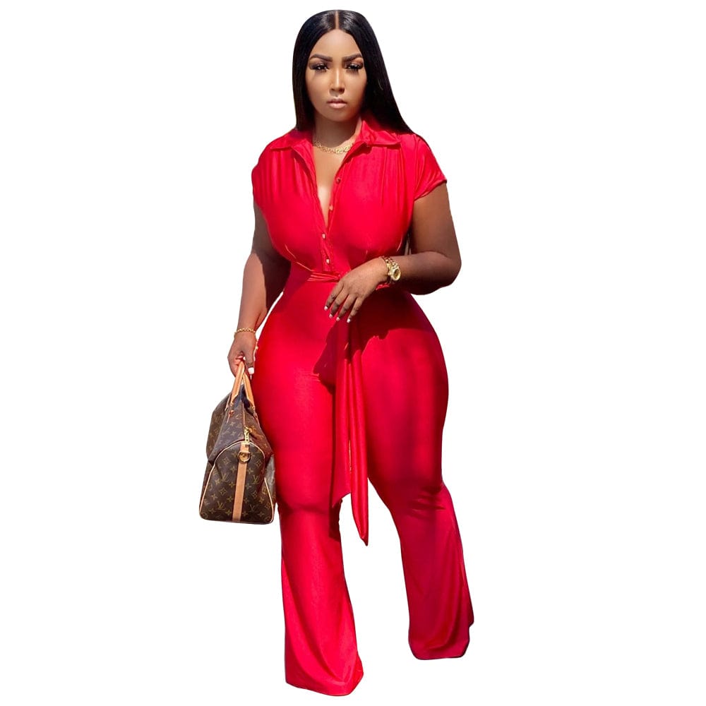 M / L56619-1 L56619 Pink Fashion Shirt Collar Single-breasted Wide Leg Jumpsuit