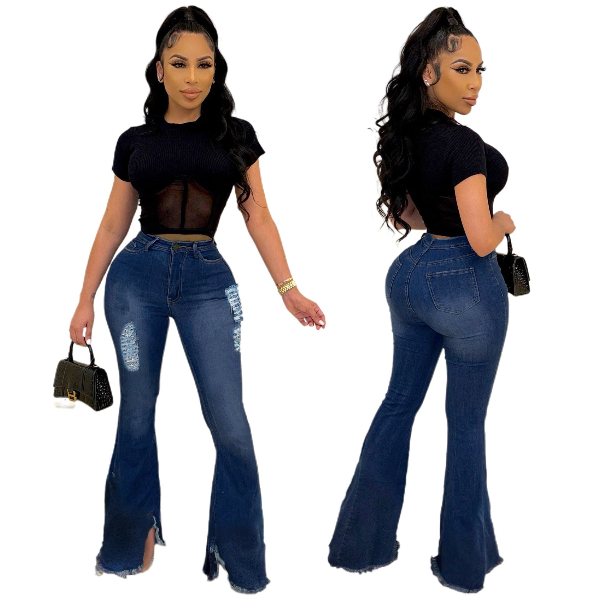 M / L99741 New Jeans Women's High Waist Jeans Wide-Leg Trousers Ripped Casual Trousers Denim Flared Pants Women Ripped Jeans For Women