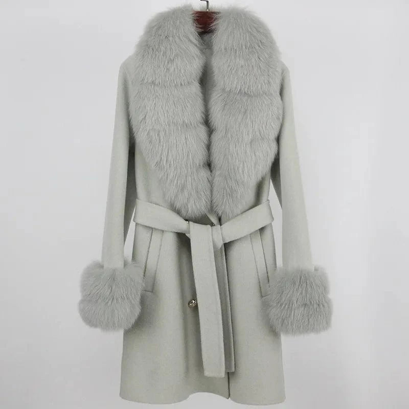 M / Lake Blue Cashmere Coat Women's Mid-Length 2023 Autumn And Winter New Fox Fur Collar Slim-Fit Woolen Coat