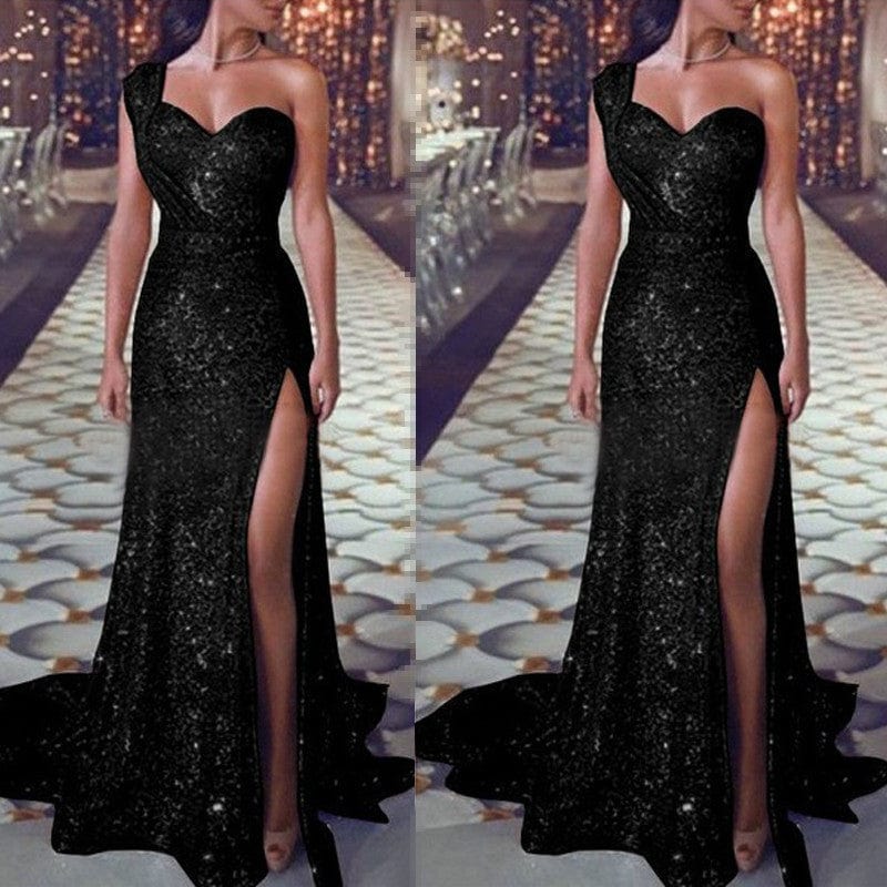 M / LF1904 black One Shoulder Sleeveless Split Maxi Bridal Gowns Wedding Vestido Dress De Gala Vintage Dress Habit Pour Femme Evening Dresses
