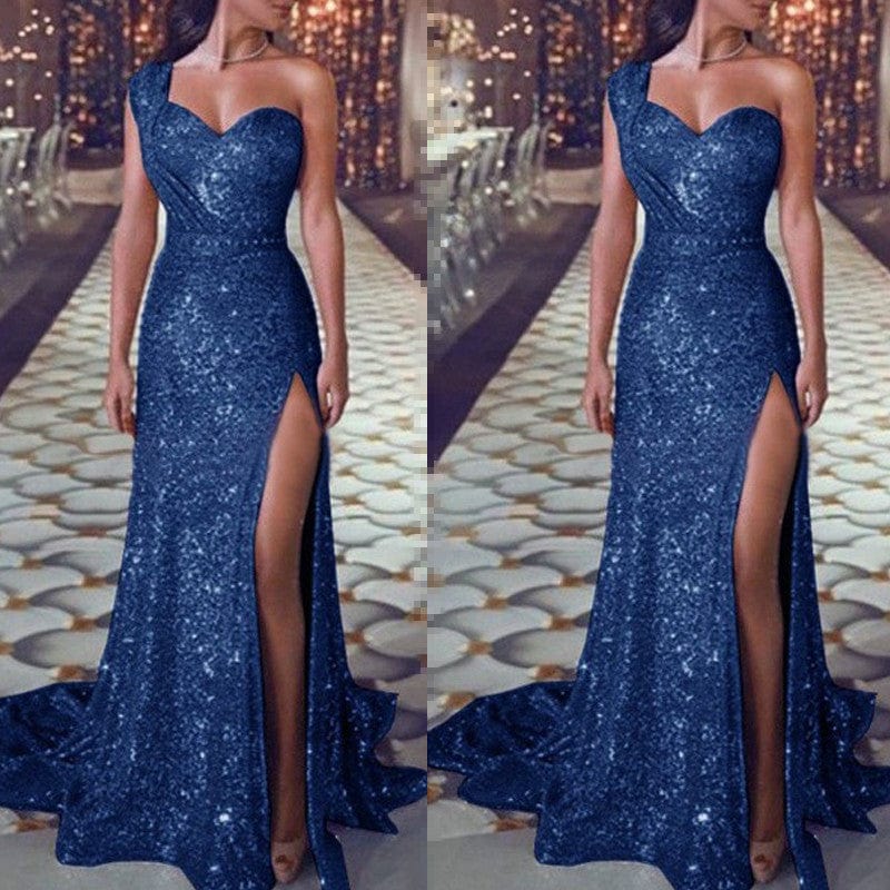 M / LF1904 navy blue One Shoulder Sleeveless Split Maxi Bridal Gowns Wedding Vestido Dress De Gala Vintage Dress Habit Pour Femme Evening Dresses