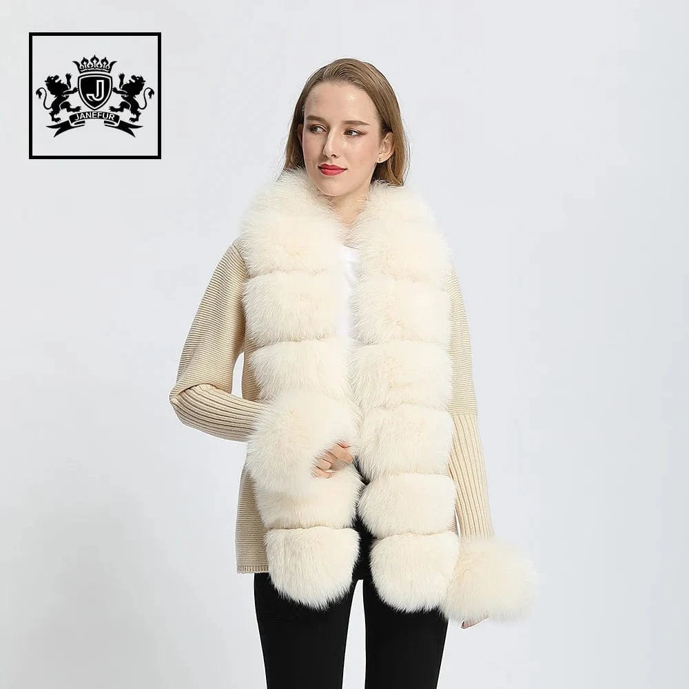 M / light beige Wholesale Ladies Autumn Winter Knitted Fox Fur Trim Wool Fur Sweater