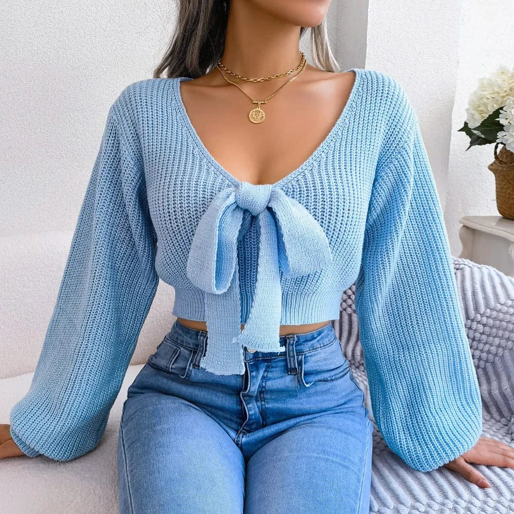 M / Light Blue 2023 Solid Color  Knitted Sweaters Sexy Crop Top Lantern Sleeve Women Loose Short Bow Knit Sweater