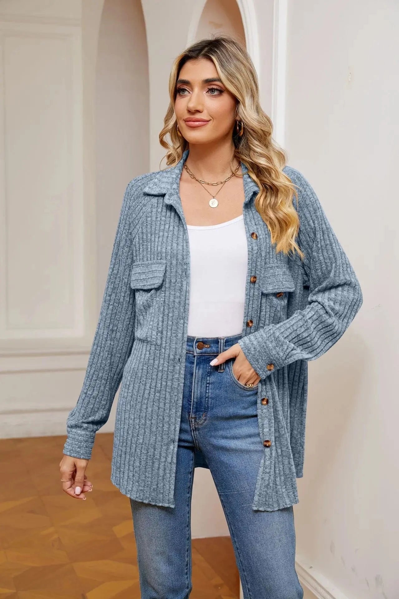 M / Light Blue Autumn Long Sleeve Leisure Knitted Coat Turn-Down Collar Loose Button Pit Strip Open-front Cardigan Thin Jacket For Women