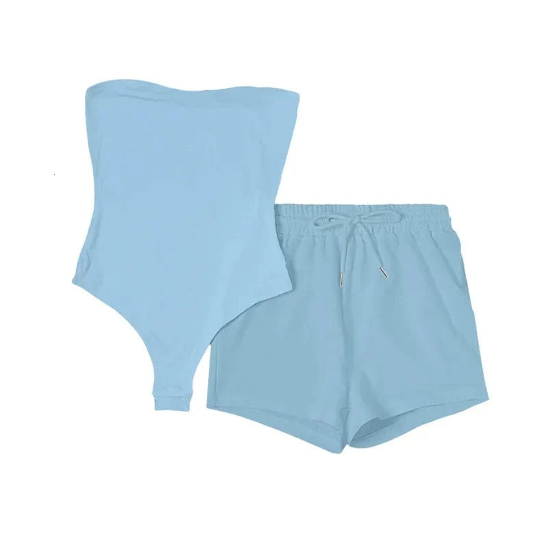 M / Light Blue Cotton Shorts Pant Set Women Jogging Sweat Suit Clothing Bodysuit 2 Piece Set Plain Joggers Custom Logo Two Piece Pants Set
