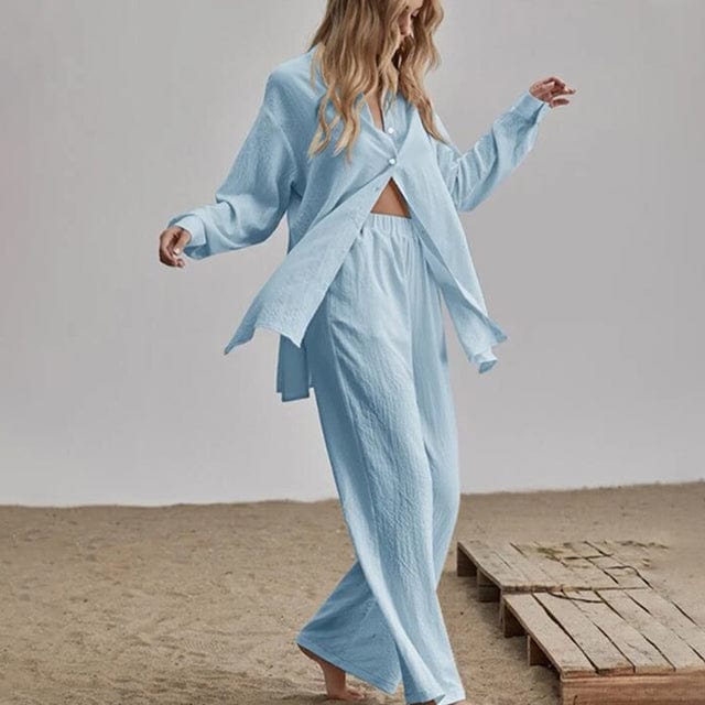 M / Light Blue Elegant Loose Women Shirt Trouser Suits Long Sleeve Lapel Shirts And Elastic High waist Pants 2 Pieces Set Fashion Office Outfit