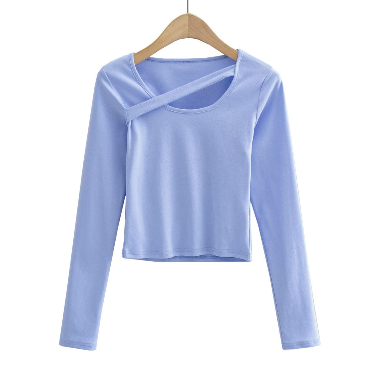M / Light Blue R20121S Women's spring unique design solid color one word with U-neck long-sleeved slim T-shirt top