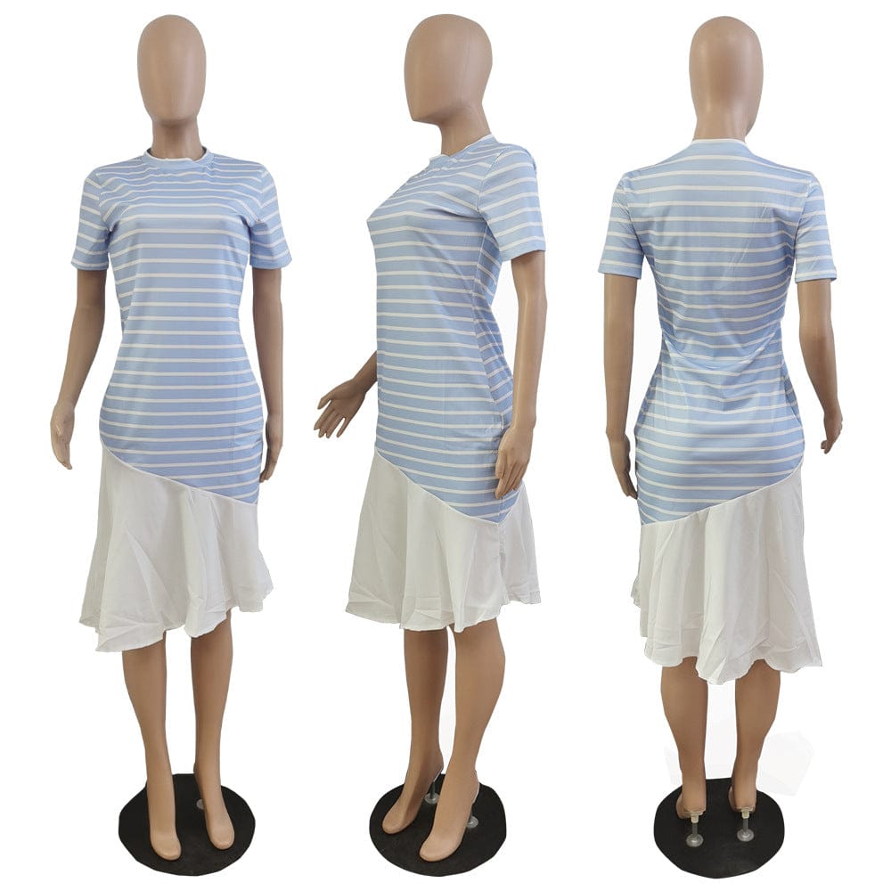 M / Light Blue S M L XL Multi color striped printed short sleeve dress without belt