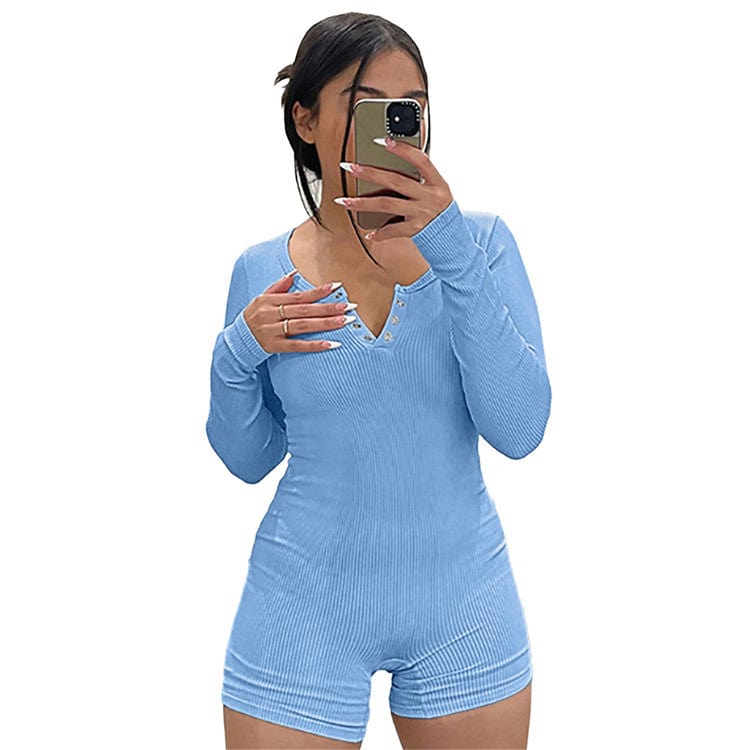 M / Light Blue Sexy Solid Ribbed Bodycon Romper Spring Outfit For Women 2023 Long Sleeve O Neck Sports One Pieces Female Playsuit