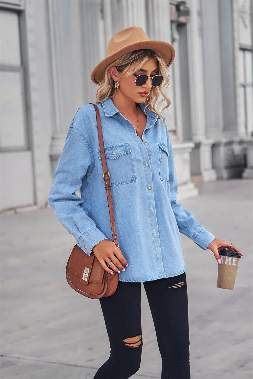 M / Light Blue spring single breasted patchwork loose blouse top womens Denim Shirts Chambray Jeans Shirts