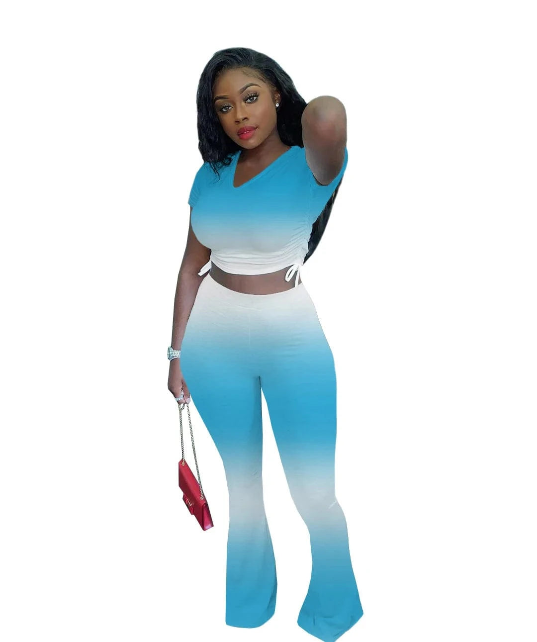 M / Light Blue Summer Casual Ombre Short Sleeve Bell Bottoms Trousers Outfits Sexy Crop Top 2 Two Piece Flare Pants Set Women Clothing