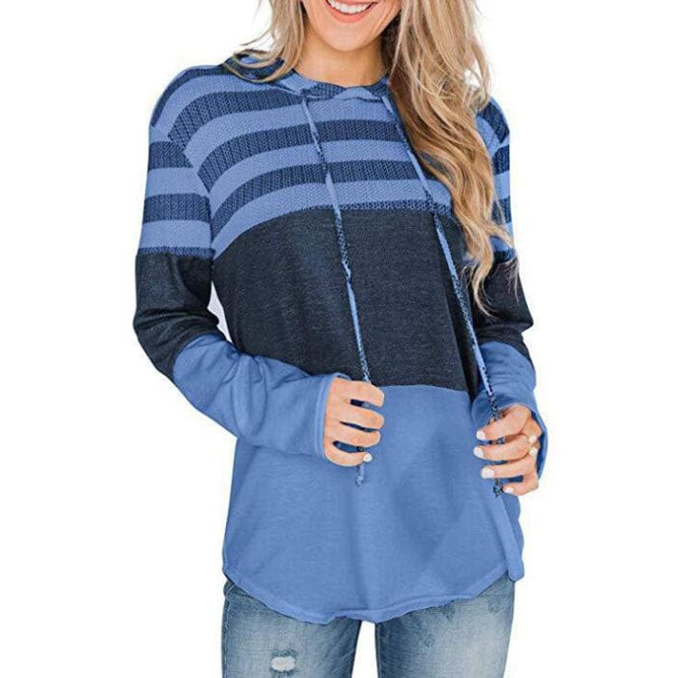 M / Light Blue Vintage Patchwork Women's Loose T-shirt Autumn Casual Long Sleeve Pullover Hooded T Shirts for Women