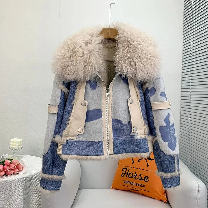 M / Light Blue Women Lady Rabbit Fur Winter Coats Female Girl Lamb Wool Collar Warm Short Jacket Luxury Overcoat JT3261