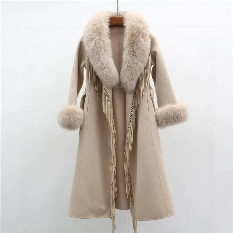 M / Light Camel 2022 New Elegant Belted Tassels Fashion Blue Color Women Long Wool Cashmere Coat