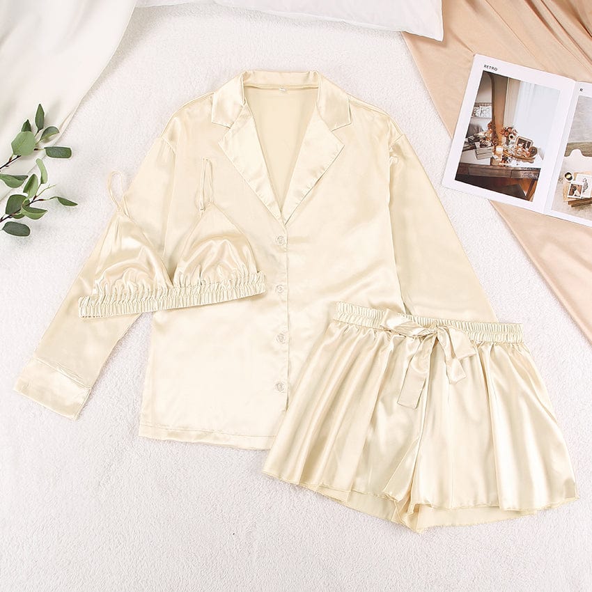 M / Light Champagne OOTN Sexy Shorts Pijama Robes Women Pajama Sets Nightgowns Woman 3 Pieces Ruched Robe Women's Pajamas Champagne Bathrobes Set