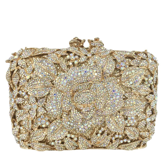 M / Light Gold Ladies Diamond Handbag Handmade Hollow Out Crystal Evening Bags Luxury Metal Frame Flower Clutch Bag Purse for Women