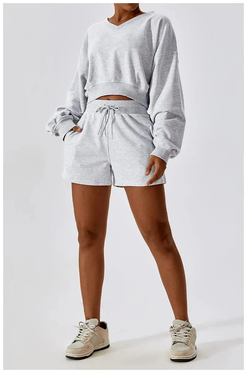 M / Light Gray LULUXIXIYAYA Cotton Sport wear suits custom logo cotton oversized V neck hooded sweatshirt Women Fall two piece shorts sets