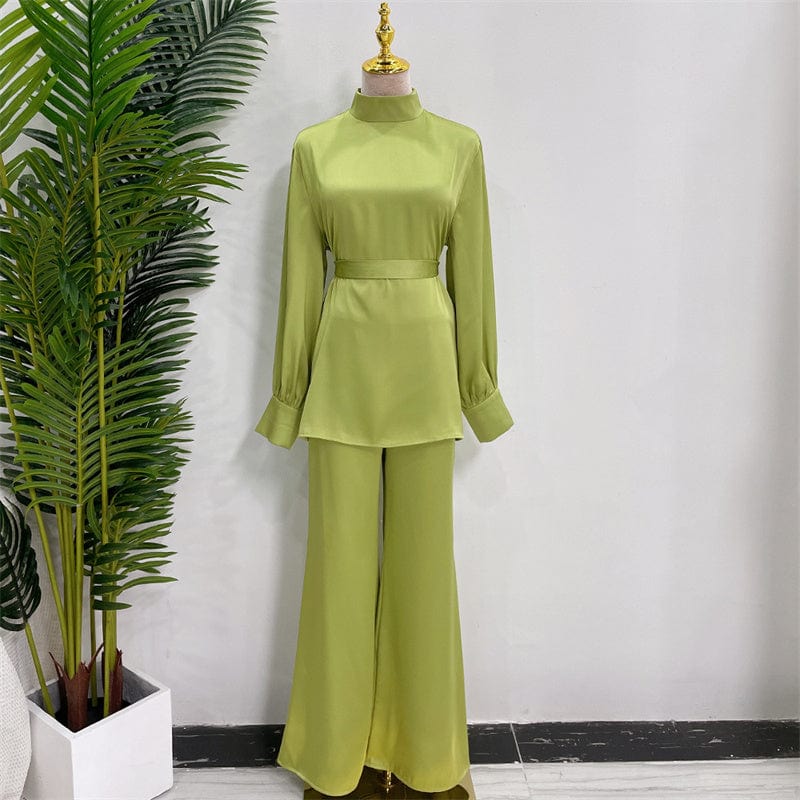 M / light green Co Ord 2 Piece Satin Silk Suit Muslim Islamic Clothing T-shirt Match Pockets Pants Malaysia Borong Abaya Baju Kurung