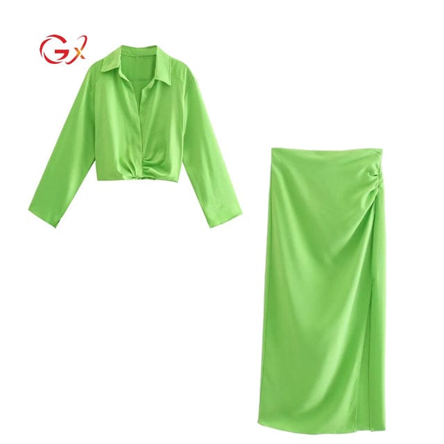 M / light green GX06878 Boutique Fashion Street Wear Women Elegant Lapel Long Sleeve Shirt and Slit Long Skirt Matching 2 Piece Set
