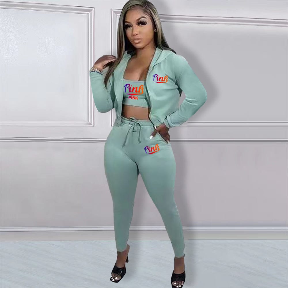 M / light green Trendy Women Clothes Casual Print Gradient Patchwork Sweatsuit Hooded Collar Long Sleeve Three Pieces