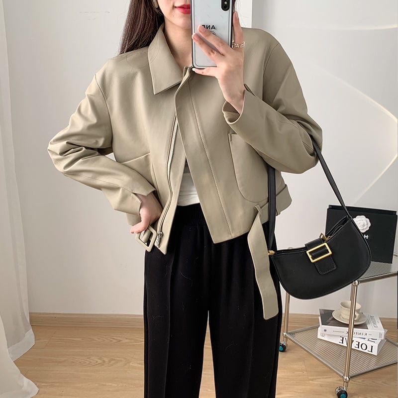 M / light grey High Quality Women Solid Color Cropped Genuine Sheep Leather Jacket with Belt