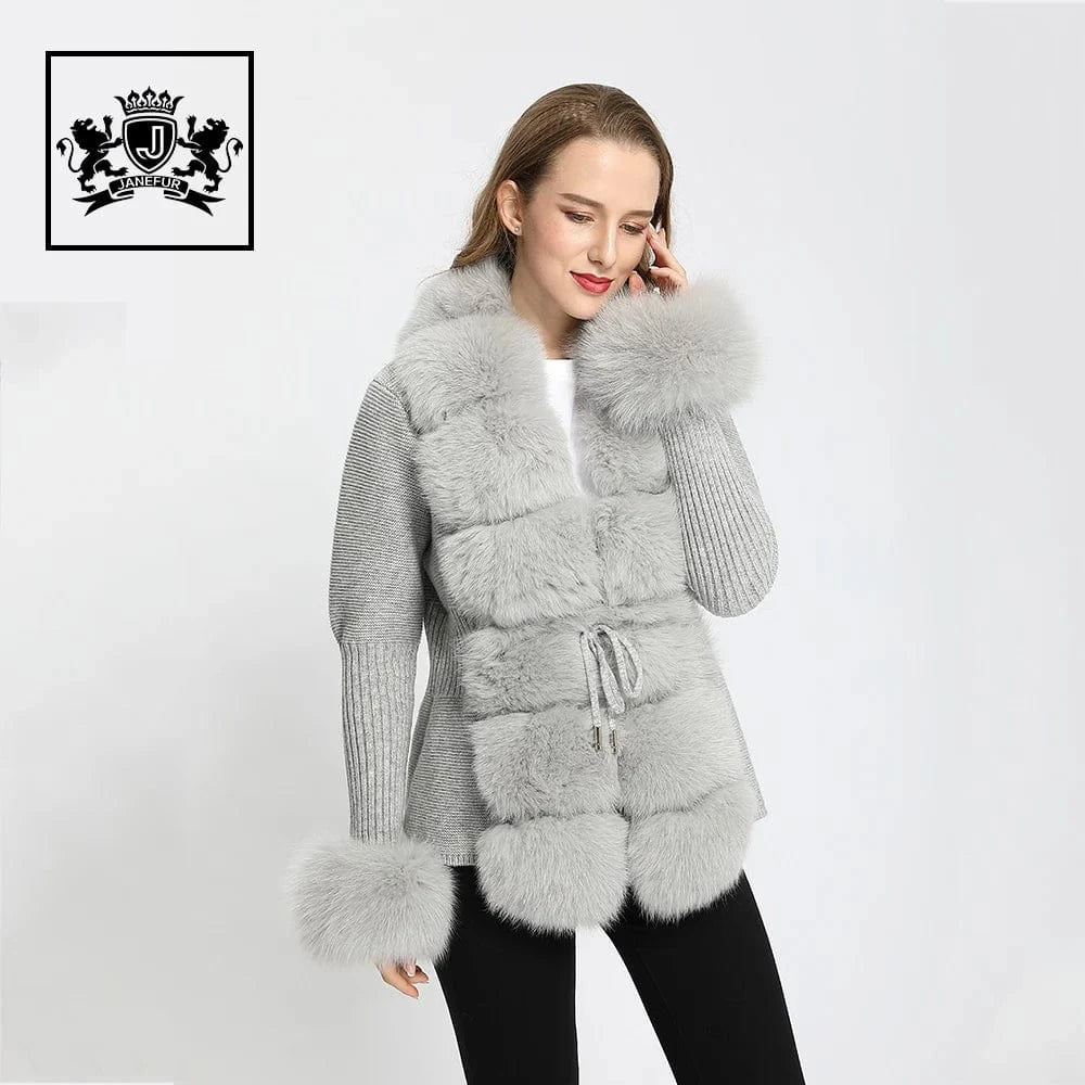 M / light grey Wholesale Ladies Autumn Winter Knitted Fox Fur Trim Wool Fur Sweater