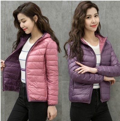 M / Light Purple Pink Female Double-sided Women's Light And Short White Duck Down Fashion Hooded Warm Winter Coat Autumn New Double-Sided Jacket