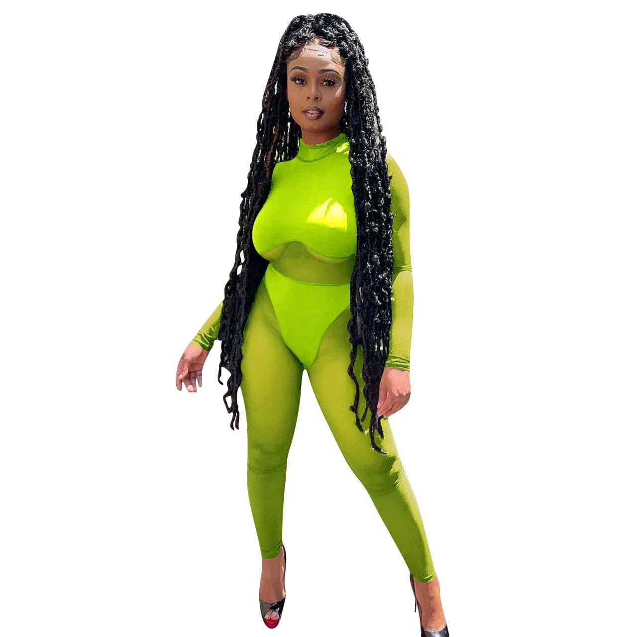 M / lime green Transparent Mesh Long Sleeve Skinny Jumpsuit Streetwear See Through Bodysuit Autumn Solid One Piece Sheer Jumpsuit Women Romper