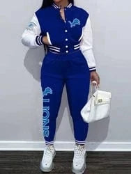 M / lions Custom  plus size women's sets sport botton baseball uniforms sweatsuit ladies jacket and pants women two piece set