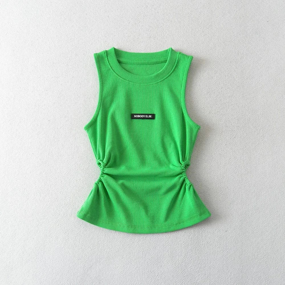 M / MINT Casual Style Rubber tag Sleeveless Crew Neck Ruched Basic Tank Top Tight Waist Shirt Women's Tank Top