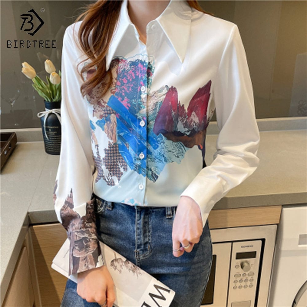 M / MINT Fashion Ladies Long Sleeve Graffiti Printed Shirts Elegant Casual Loose Blouses Chiffon Shirt Tops For Spring Autumn