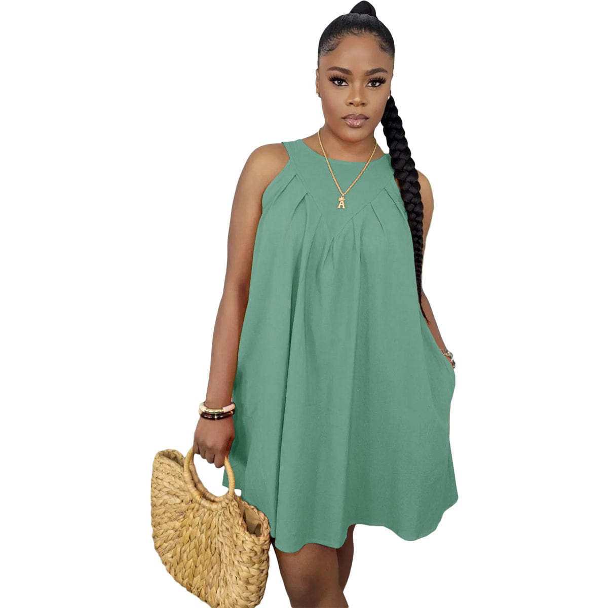 M / MINT Popular Clothing 2022 New Sleeveless Solid Color Sleeveless Cotton Pocket Loose Dress