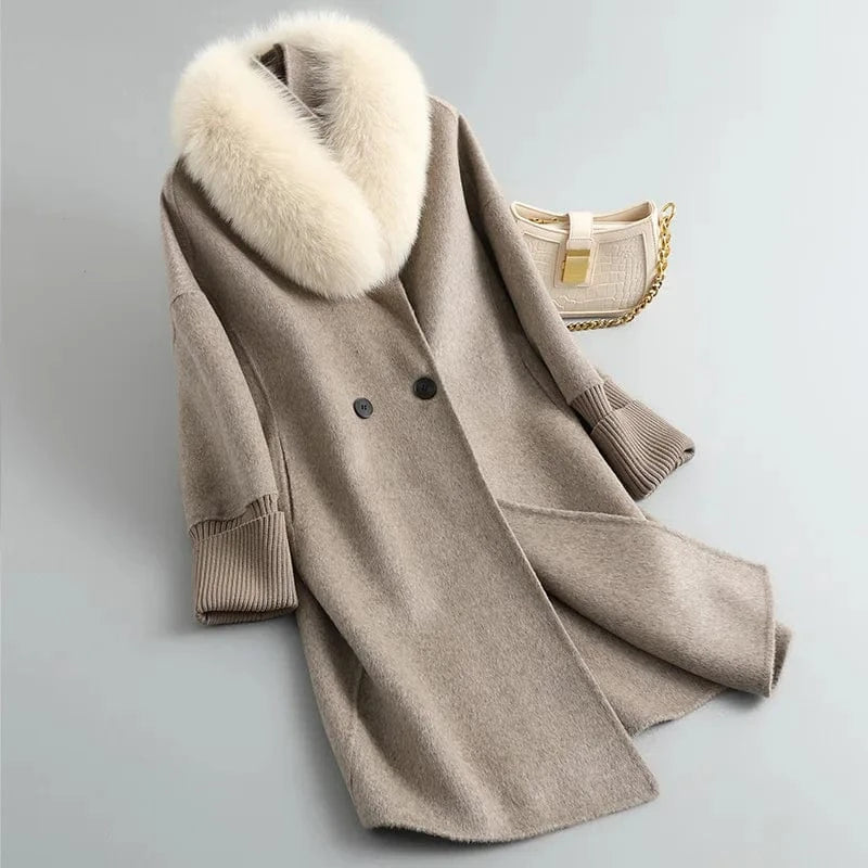 M / Mocca Fashion Knit Stretch Cuffs Genuine Cashmere Coat Ladies Wool Coat With Fox Fur Collar