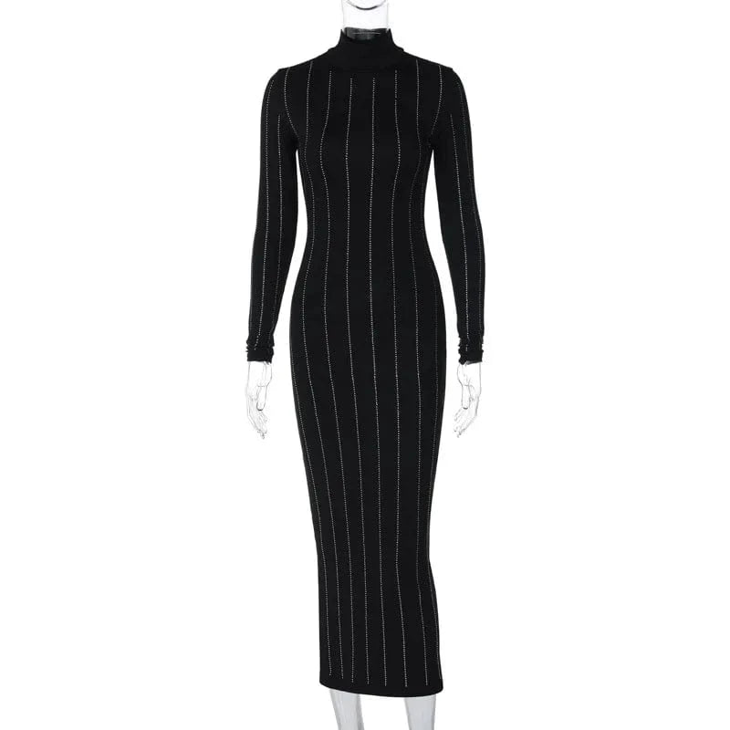 M / MY23DS12261 black CUTENOVA MY23DS12261 Rhinestone Slimming Turtleneck Long Sleeve Dresses Women Lady Elegant Prom Long Dresses Women