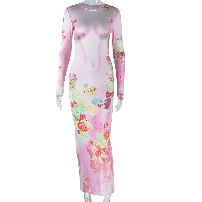 M / MY24DS131 pink CuteNOVA MY24DS131 Sexy Flower  Body Print Bodycon Outfits Women Lady Elegant Maxi  Dress